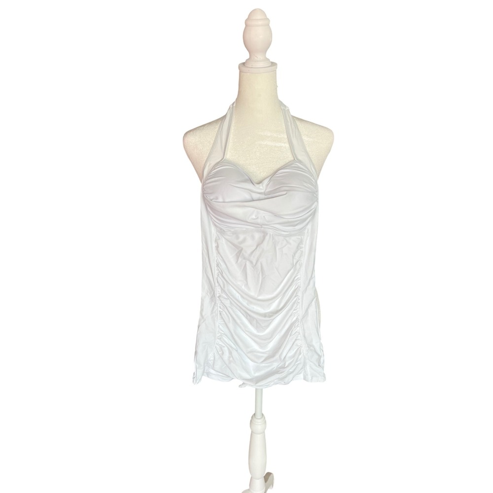 NEW Womens White Ruched Halter One Piece Swimdress Swimsuit Size Large L